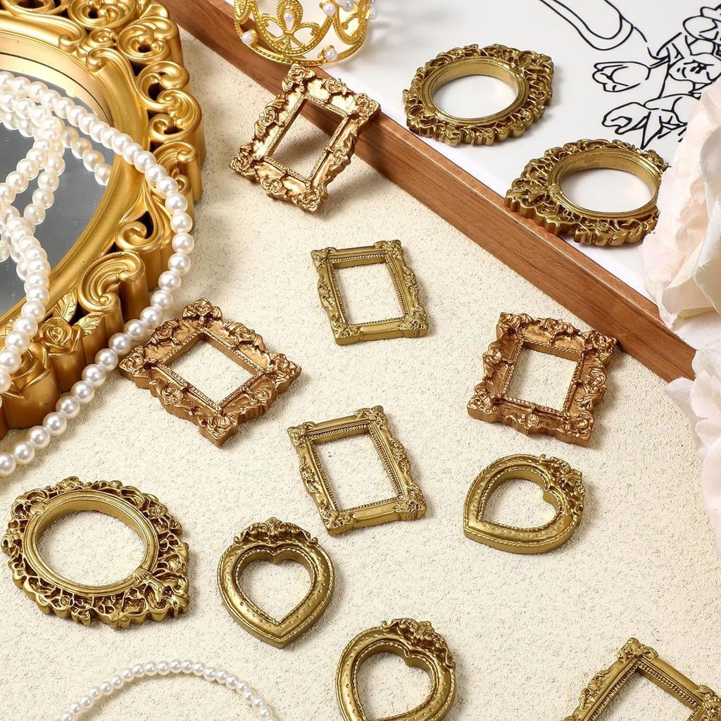 12 PCS Vintage Resin Picture Frame Set 4 Retro Frame Forms Golden Photo Frames for Doll House Decor Jewelry Display