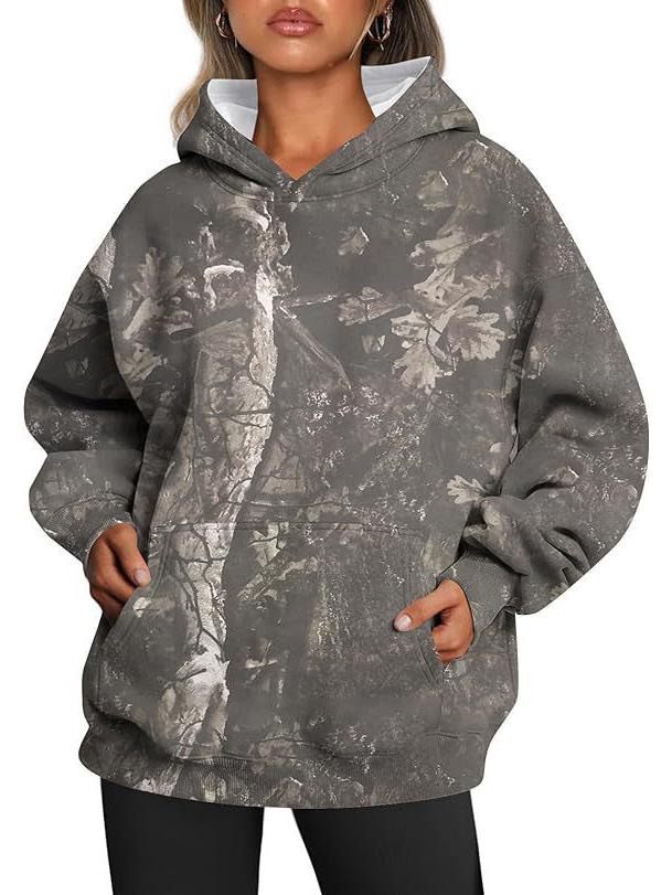 

Women s Oversized Camouflage Hoodie with Maple Leaf Print and Pocket 3XL