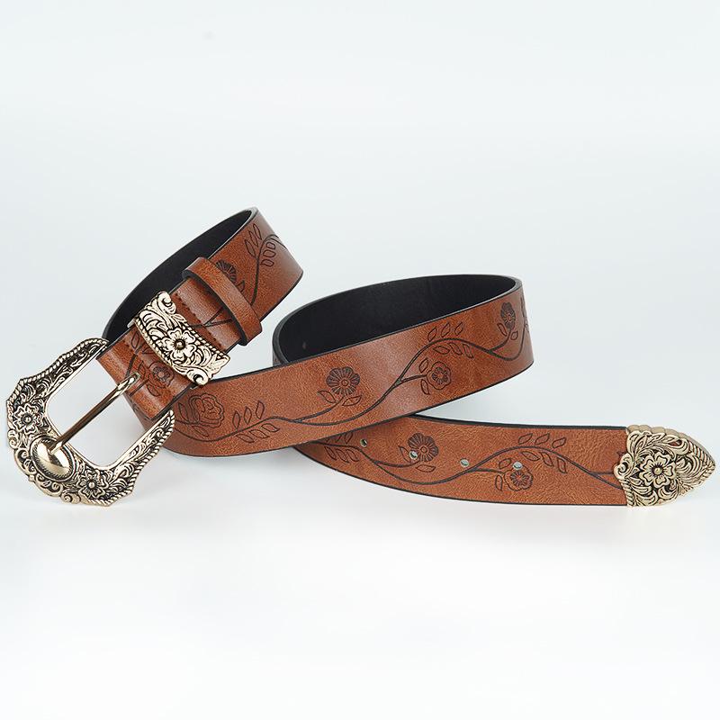 American Western Style Flower Embossed Pin Buckle Belt, Retro and Old Bronze Engraved Buckle Women's Dress Belt