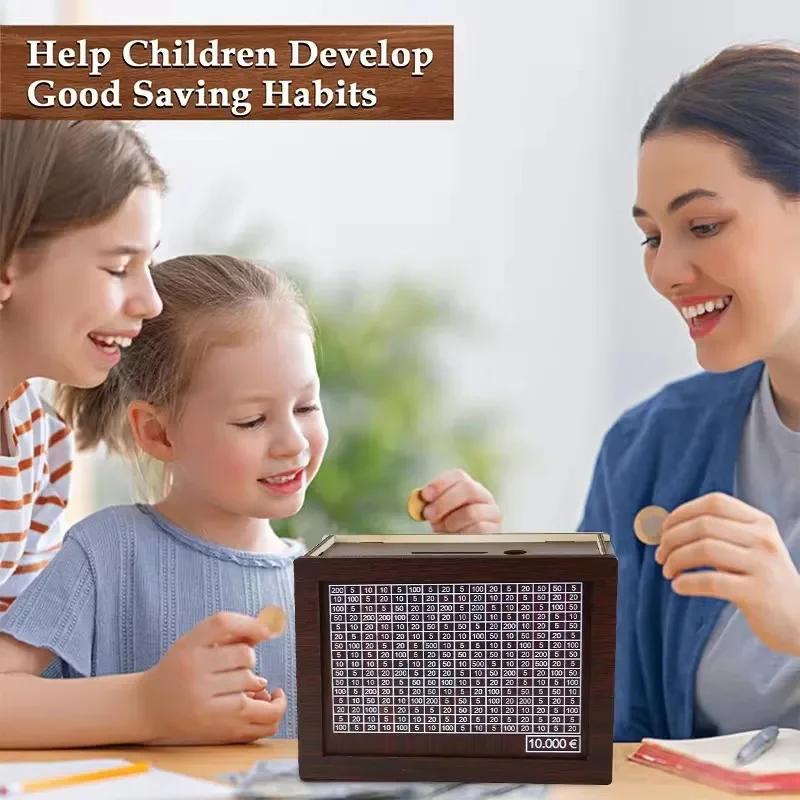 Pușculiță din lemn, 1000, 2000, 3000, 5000, 10000 de euro, cutie de bani, seif de economii, provocare, depozitare de numerar