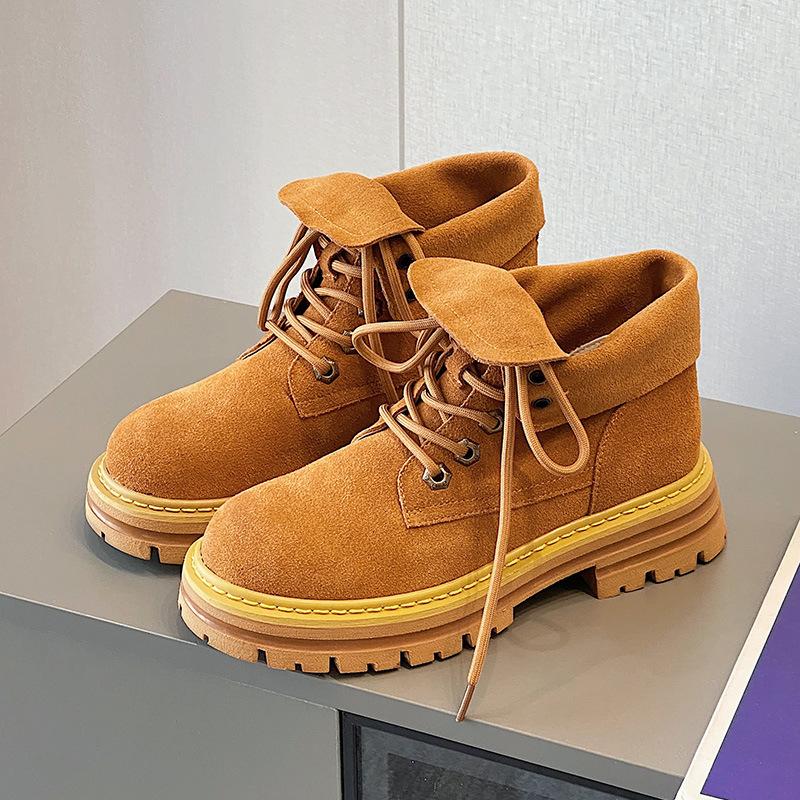 Martinsschuhe Damen Frühling, Herbst und Winter neue Leder Plateau Stiefeletten Retro Gelbe Stiefel