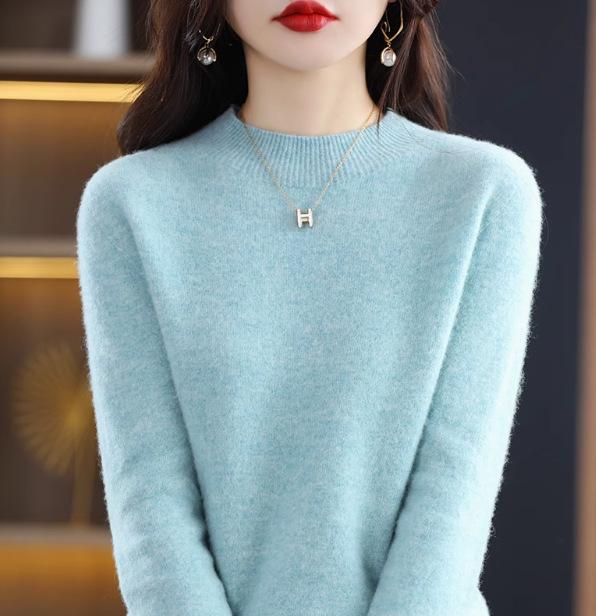 2024 Fall/Winter Women's 100% Wool Semi-High Neck Loose Knitted Sweater