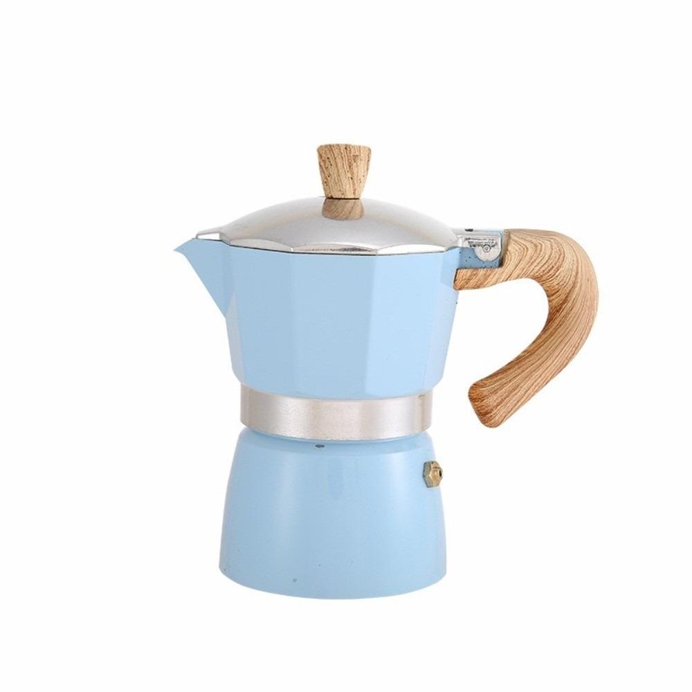 

Octagonal Aluminum Moka Pot Wood Pattern Handle Brewing Coffee Pot Italian Coffee 150ML озеро синього кольору