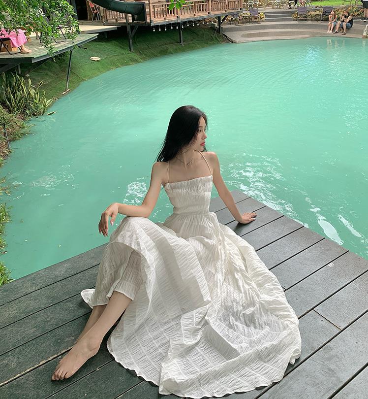 Super Fairy Design Sense Summer Waves Blue Pure Desire Vacation Backless Waist Thin Big Skirt Suspender Long Dress