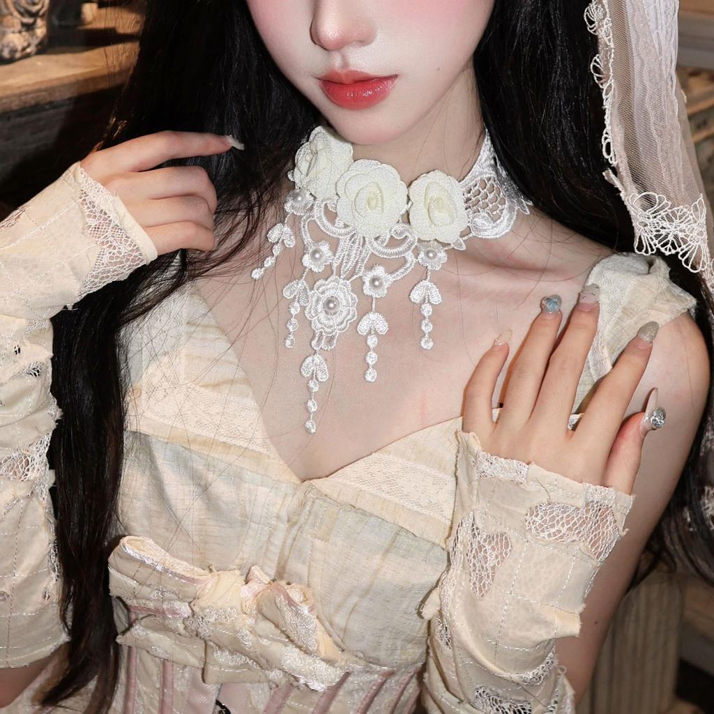Pure Desire Wind White Lace Flower Tassel Necklace Vintage Court Wind Pearl Neck Strap Sweet Lolita Collarbone Chain