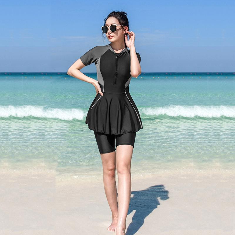 Tunika geteilte Badebekleidung Damen Zweiteilig Sommer Kurzarm Badeanzug Urlaub Strandbekleidung dezent Badeanzug Reißverschluss Surferanzug
