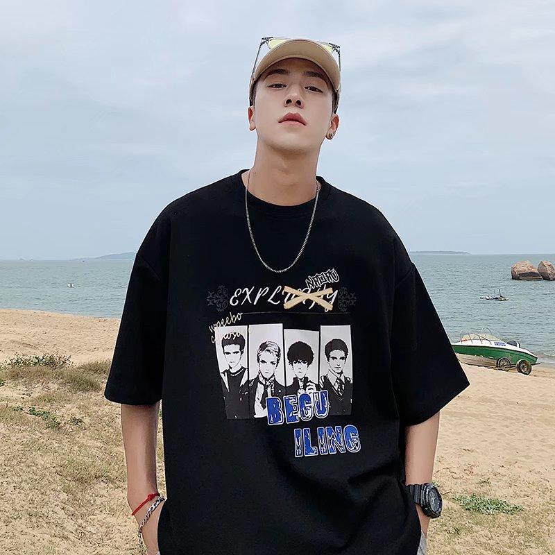 2024 Summer Short Sleeved T-Shirt For Men'S Trendy Five Inch Sleeve Versatile Casual Loose Student Half Sleeved T-Shirt Daily Fashion Printed Top