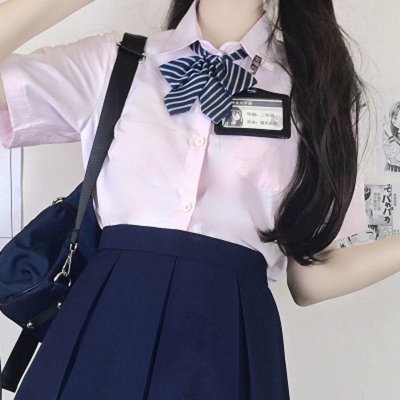 Women's Preppy Style JK Uniform Shirt – Light Blue, Short Sleeve, Perfect for Summer and Autumn.