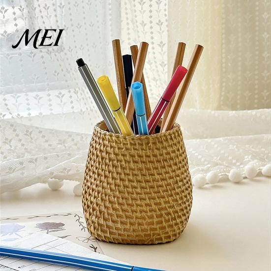 Organizzatore per Matite Portapenne in Rattan Sintetico, Stile Intrecciato Porta Pennelli da Trucco Boho per Scrivania, Bicchiere Multifunzione in Resina per Organizzazione Casa Ufficio