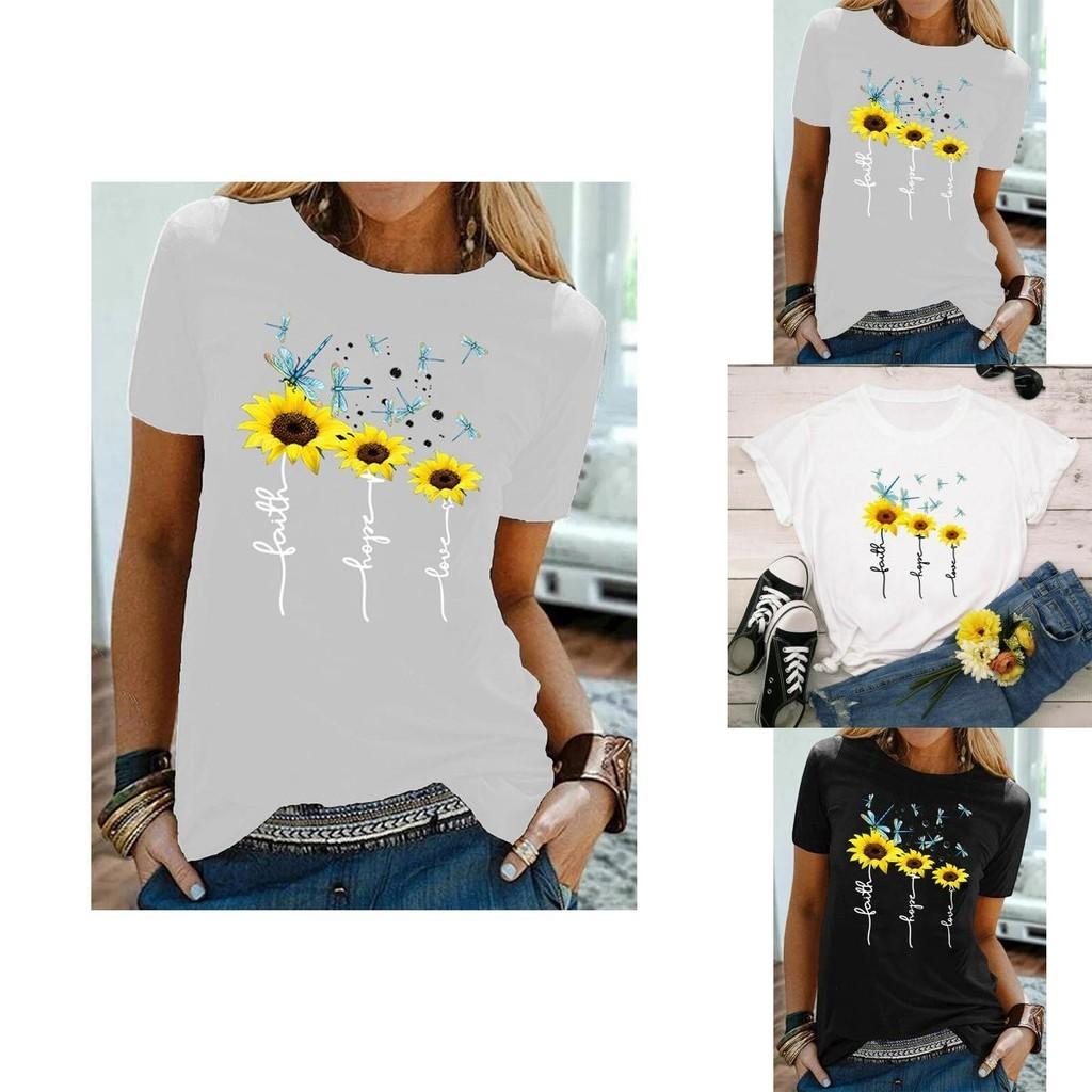 Comoda T-shirt da Donna Basic con Stampa Floreale di Margherita Materiale Morbido Ideale Per Uscite Estive