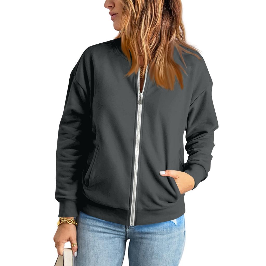 Women's Casual Sweatshirt Solid Color Zipper Jacket Long Sleeve Loose Coat With Pocket