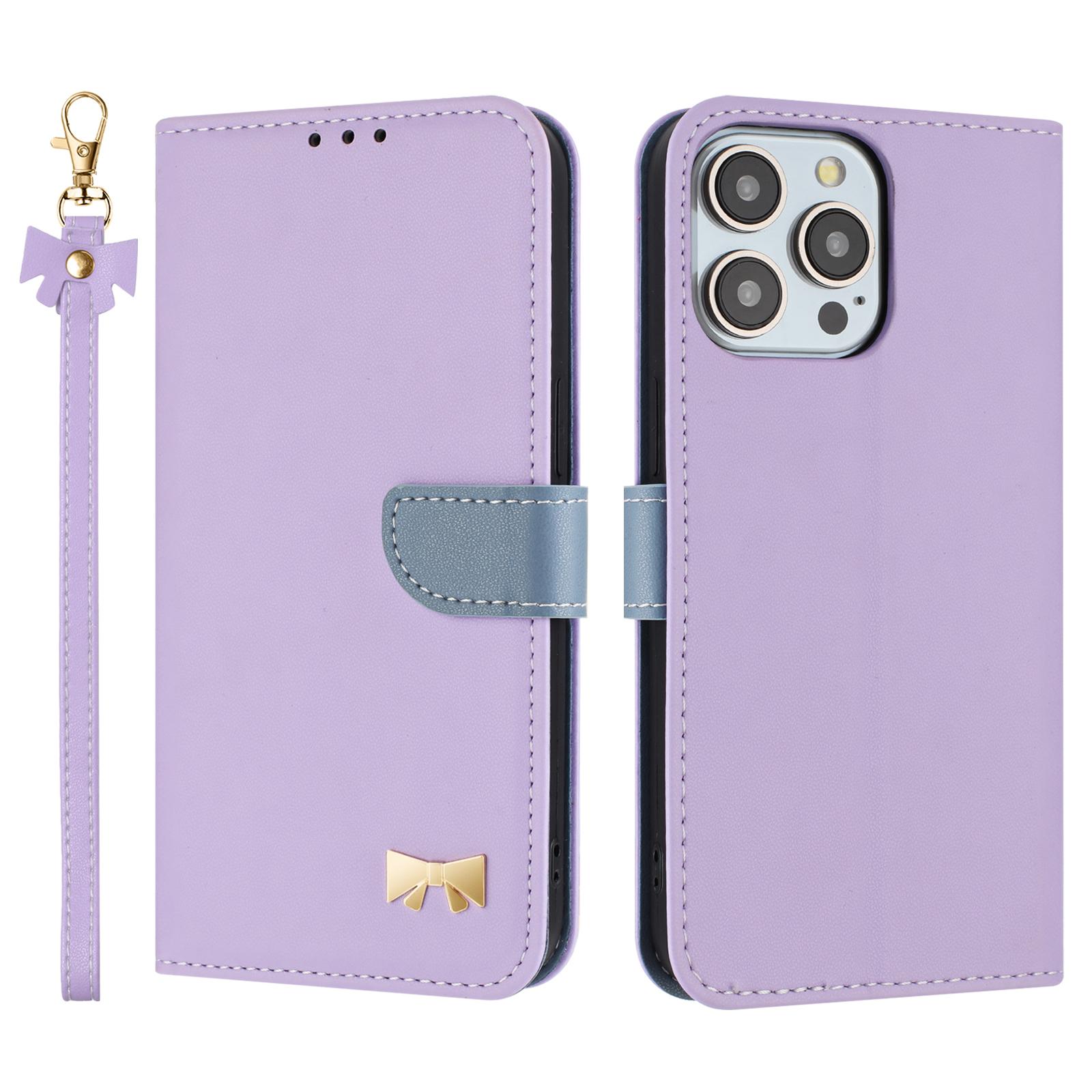 

For iPhone 15 Pro Max Case Bowknot Decor Wallet Leather Phone Cover with Wrist Strap Purple