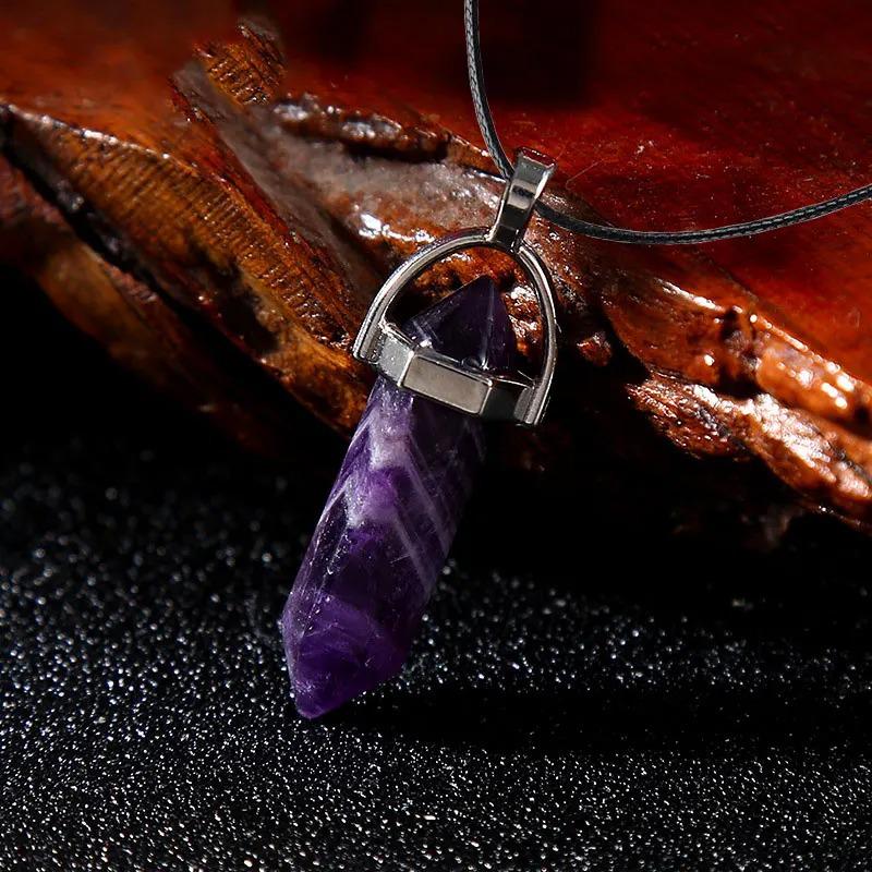 Stylish Hexagonal Crystal Gemstone Pendant Necklace with Gold Cap