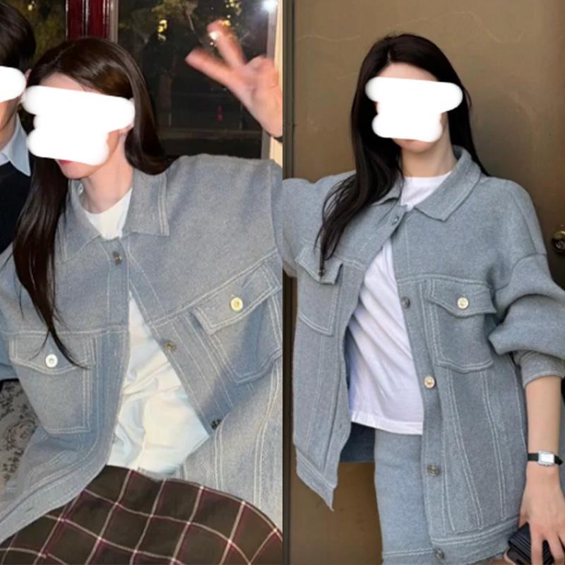 

[New Arrival] Ko Youn-jung Style Grey Woolen Knit Suit: Age-Reducing Loose Jacket + Skirt for Women. S (90-105 kg)
