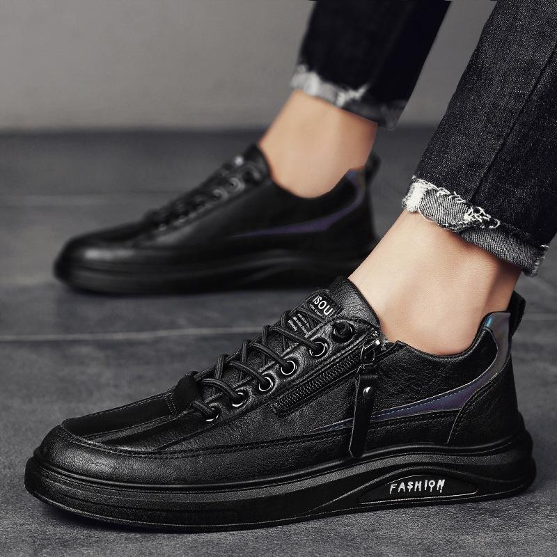 2024 Leather Casual Men Shoes Zipper Platform Fashion Designer Luxury Four Seasons Retro Low Top Outdoor Walking Male Sneakers