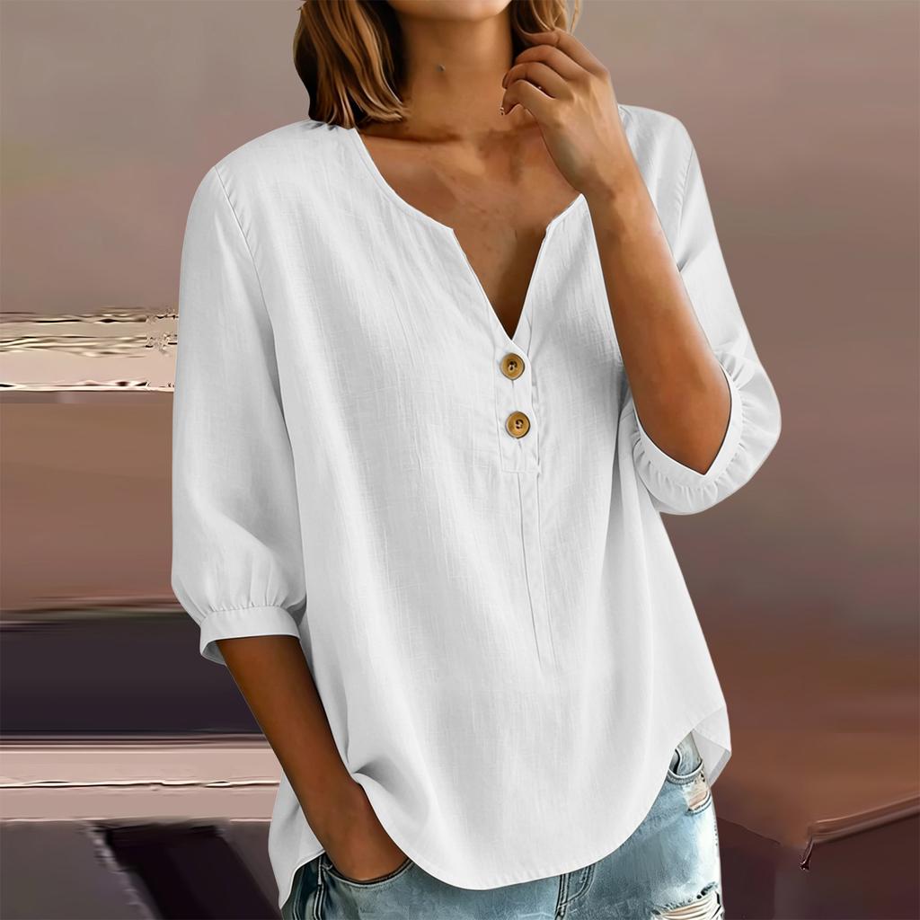 Women's Casual Linen Blend Henley Button Neck Shirt Three Quarter Sleeve Lightweight Loose Fit Top for Everyday Wear