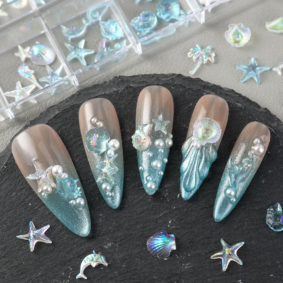 Xiaomi 12 Grids Starfish Conch Nail Charms White Dolphin Seahorse Palm Tree Resin 3D Nail Art Decorations Summer Manicure Accessories