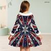 Girls High Neck Long Sleeve Tropical Leaf Printed A Line Flared Dress With Waist Bow And Furry Trim
