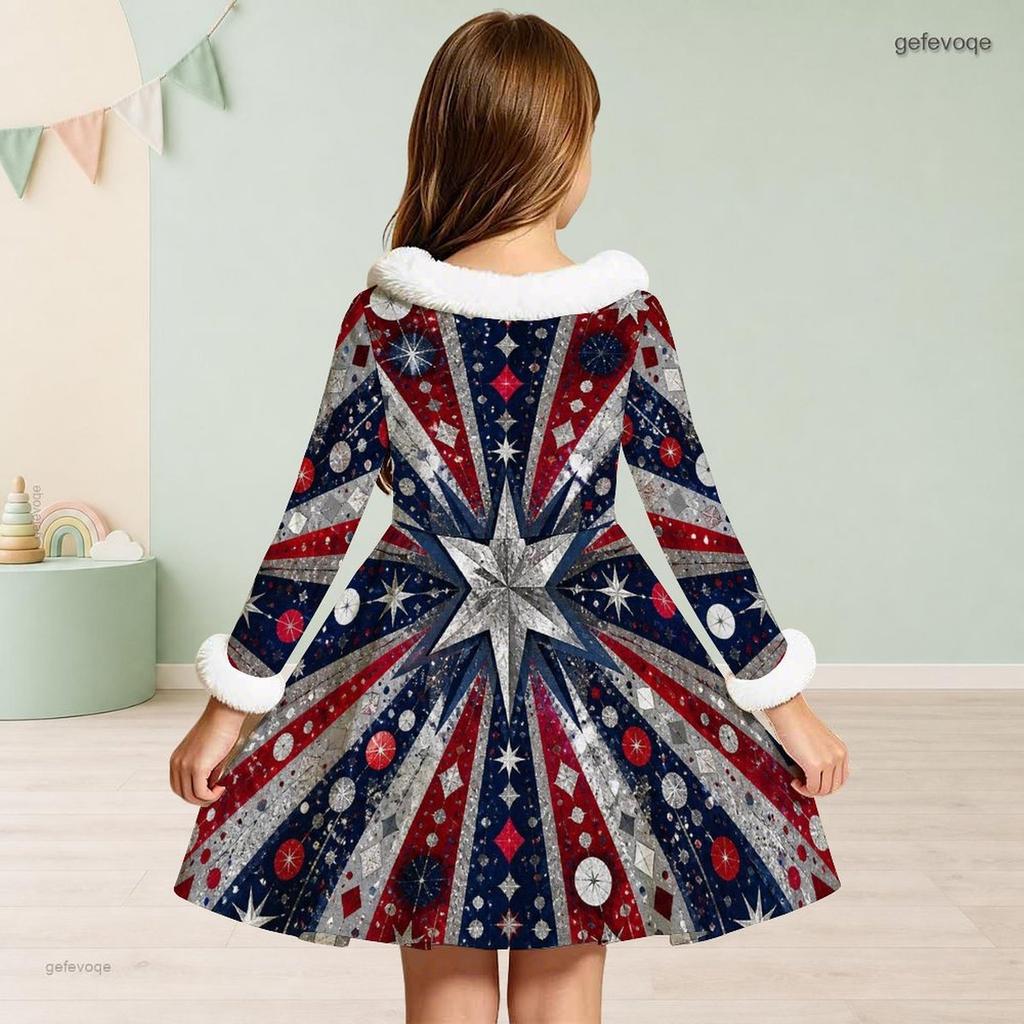 Girls High Neck Long Sleeve Tropical Leaf Printed A Line Flared Dress With Waist Bow And Furry Trim