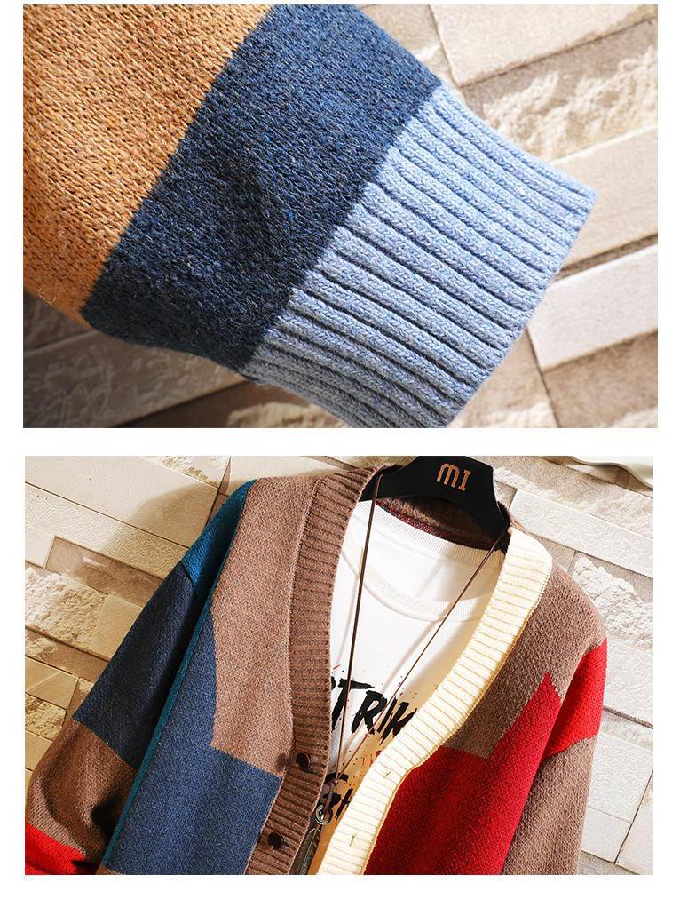 Men's V-Neck Knitted Cardigan Sweater - Autumn/Winter Fashion, Loose-Fit, Long-Sleeved, Stylish Stitch Design.