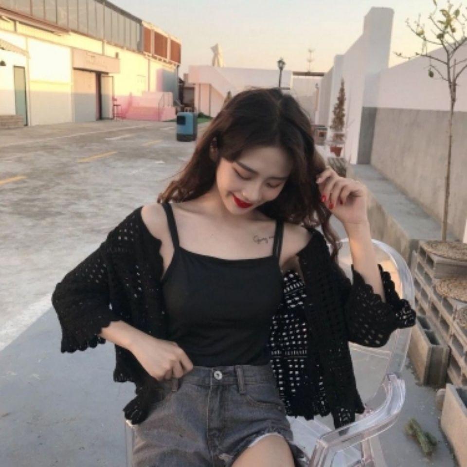 Minimally Short Shawl Hollowed Out Knitted Sweater for Spring and Summer Thin Seven Quarter Sleeve Slim Fit Cardigan for Women with Air Conditioning