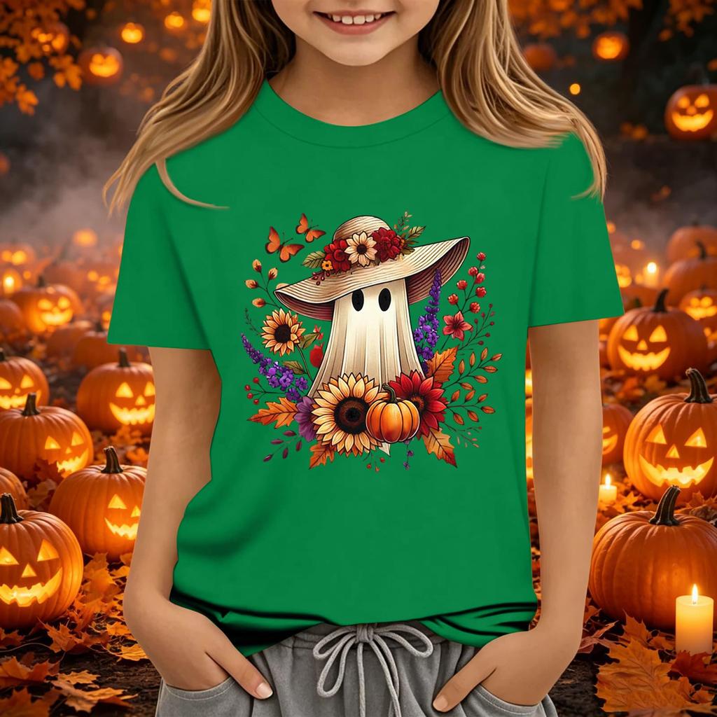 Kids Halloween Printed Short Sleeve T-Shirt Loose Fit Round Neck Casual Tee