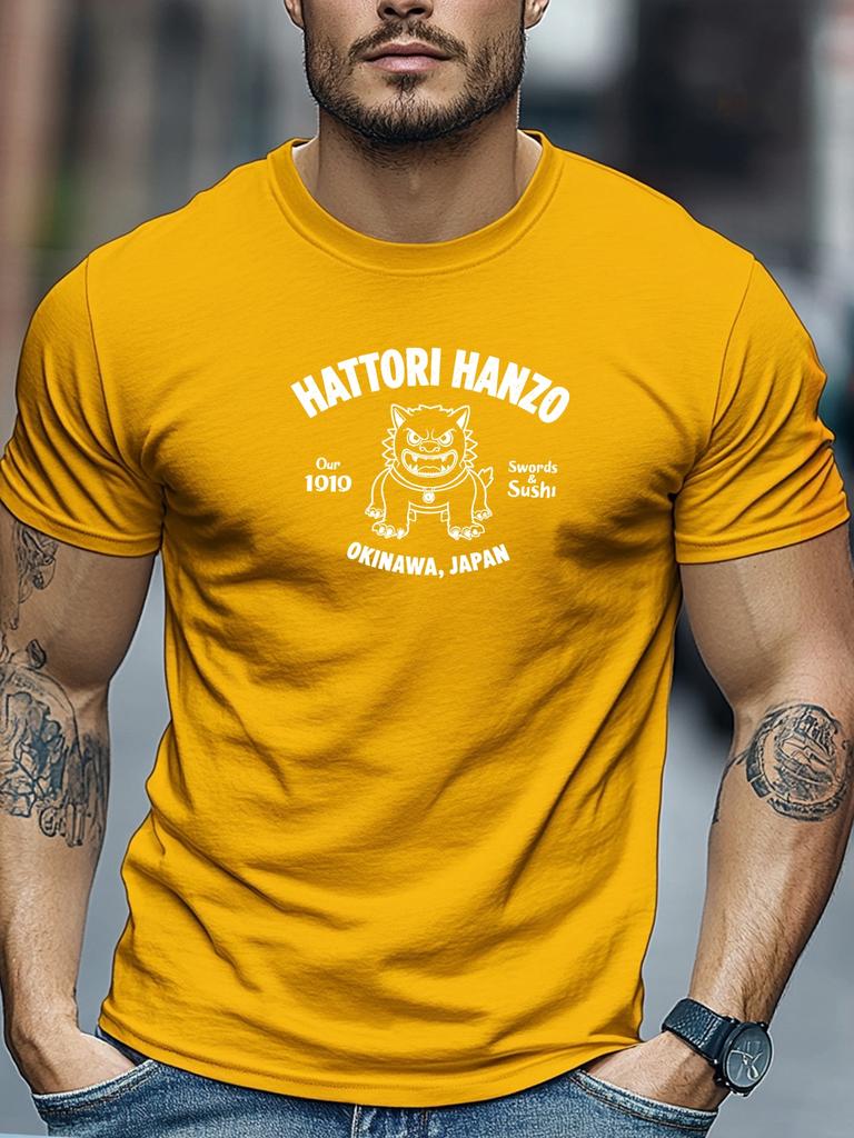 Unisex Black Crew Neck Tee Vintage Hattori Hanzo Okinawa Japan Lion Guardian Swords And Sushi Retro Print Soft Cotton Male Tops