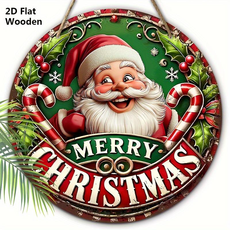Wooden Christmas Sign with Santa Claus Pattern - Merry Christmas Round Sign for Front Door, Wall Hanging Decor - Ideal Christmas Gift