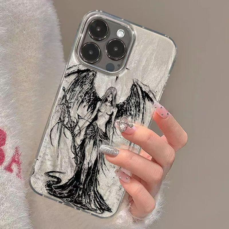 Gotycki Anioł Line Art Holograficzna Tekstura Etui na Telefon dla Serii iPhone 17 16 15 14 13 12 11 16E Pro Max Plus