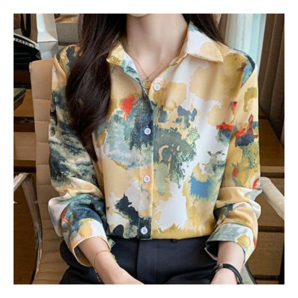 Navava Women Vintage Printing Chiffon Long Sleeve Shirt Nb1828