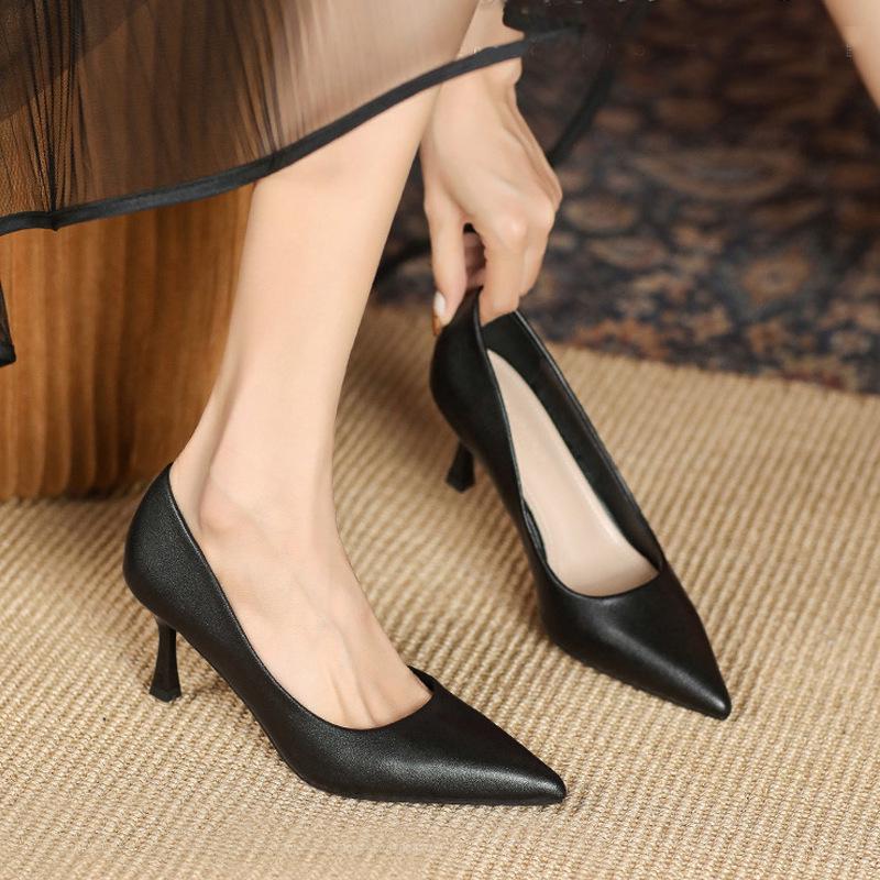 

Women s 2025 Black Leather High Heel Flats - Professional Office Formal Shoes 40