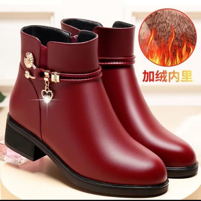 Mom Shoes Cotton Shoes Women's Autumn and Winter Velvet Women's Short Boots Women's Boots Leather Shoes Medium Heel Women's Shoes