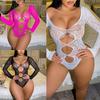 Women Lingerie See Through Cut Out Long Sleeve Fishnet Bodysuit Leopard Pattern Mesh Leotard Top Tights Nightclub Outfit