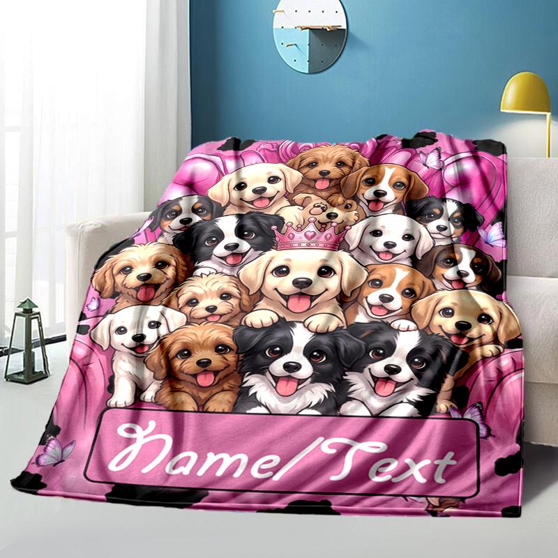 1PC Custom Name Puppy Party Pink flannel blanket versatile,all-season throw suitable for the living room,bedroom,camping,travel,and gift