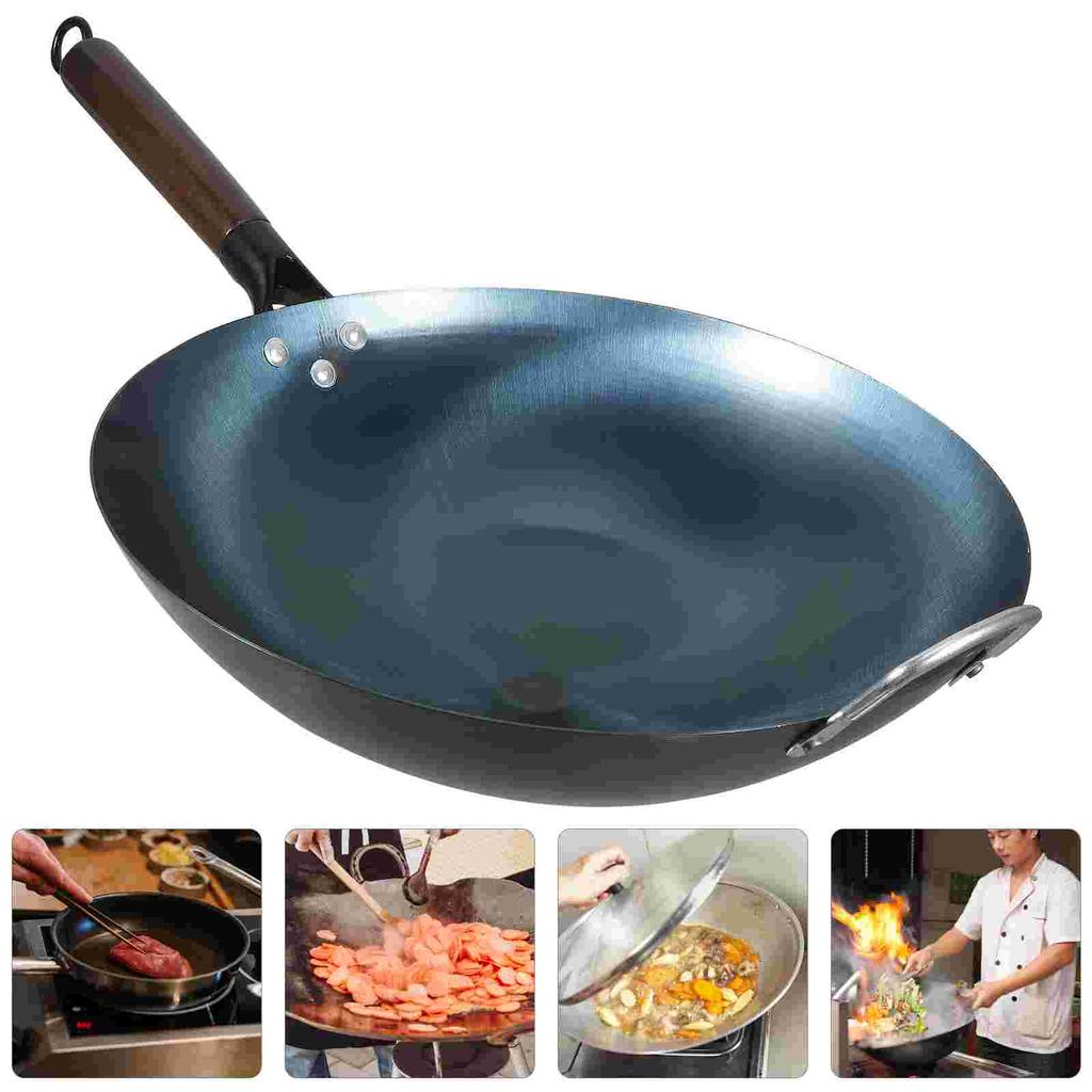 Sartén wok de hierro azul grueso de fondo redondo para cocina de gas, sartenes chinas grandes, herramienta antiadherente para cocina, comedor y bar.