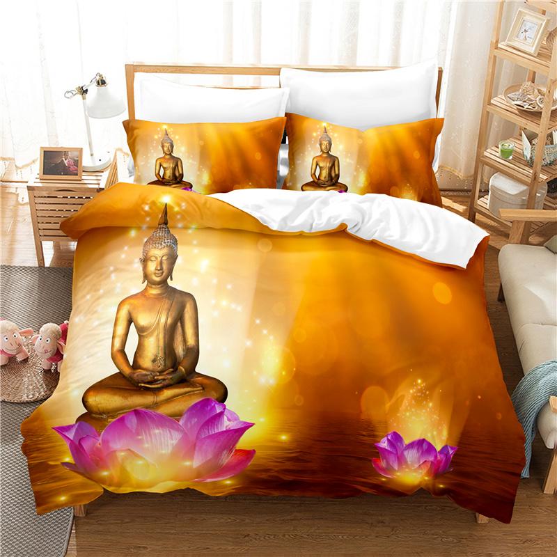 Buddha Statue Duvet Cover Set 3D Digital Printing Gold Queen King Size Bedding Set For Kids Boys Girls Polyester Comforter Set