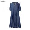 Women Simple Casual V-Neck Solid Color Loose Half Sleeve Long Dress
