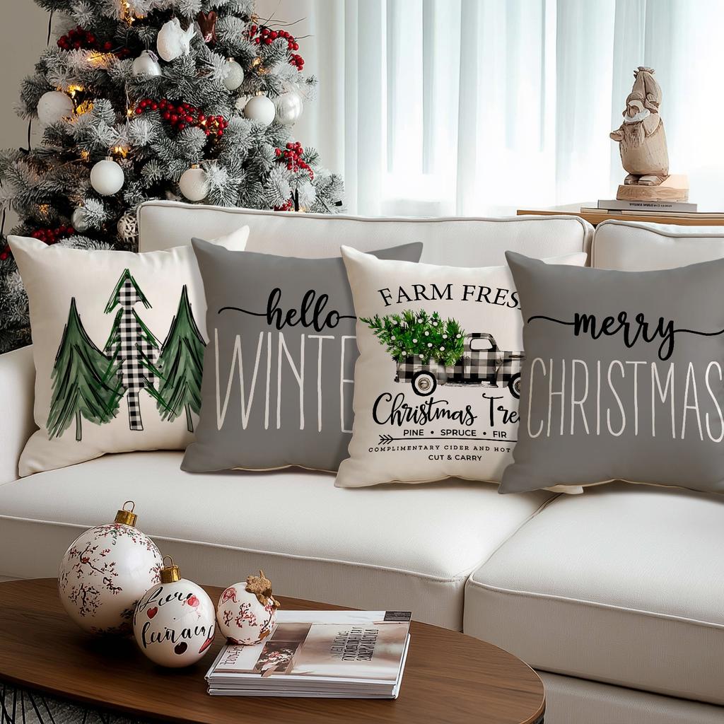 1/4Pcs Gray Christmas Pillowcases, Vintage Truck Christmas Tree Printed Cushion Covers, Winter Holiday Home Sofa Decorations