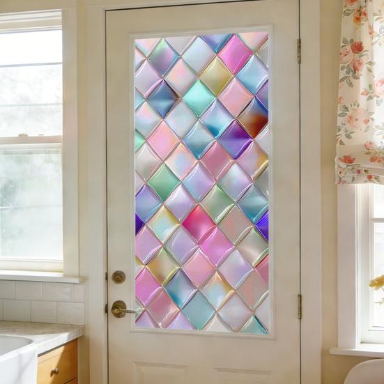 Stained Glass Effect Window Film Geometric Pattern Decorative Static Cling UV Block Heat Control Vintage Rainbow Window Sticker for Living