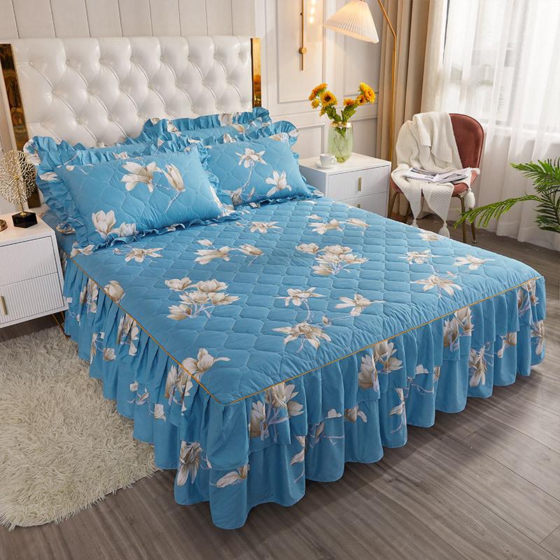 3pcs Bed Skirt Set Solid Color Quilted Thickened Lace Decoration Includes 1 Bed Skirt + 2 Pillowcases Suitable for Home And Hotel