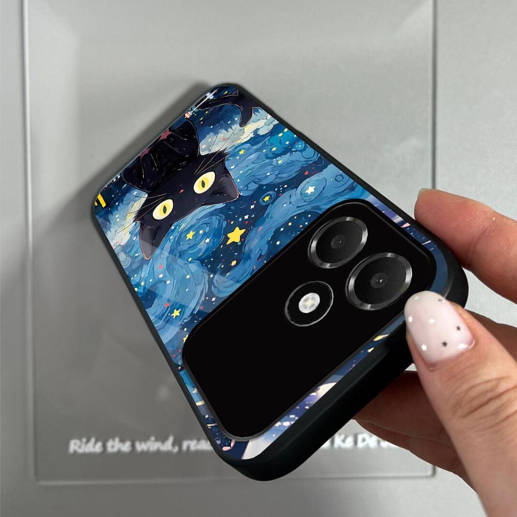 Case for OPPO A6c Anime Black Cat Starry Cloud Print Phone Cover Acrylic Hard Back Shell With Flexible TPU Edge