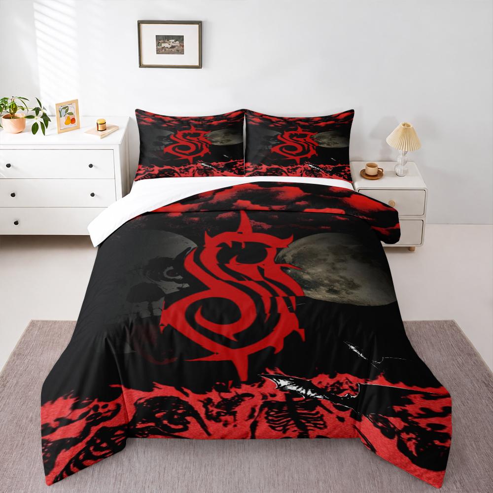 3 Piece Bedding Set with Duvet Cover and 2 Pillowcases - Slipknot S Sigil Skull Moon Print - Red Bats Decor