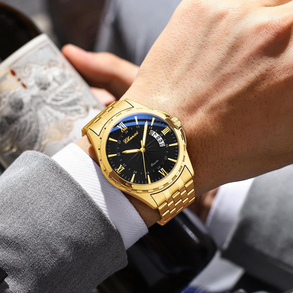 Watch Men Stainless Steel Calendar Gold 3ATM Water Resistant Luminous Analog Display Simple Fashion Quartz Watch Men Fashion Accessory - Birthday