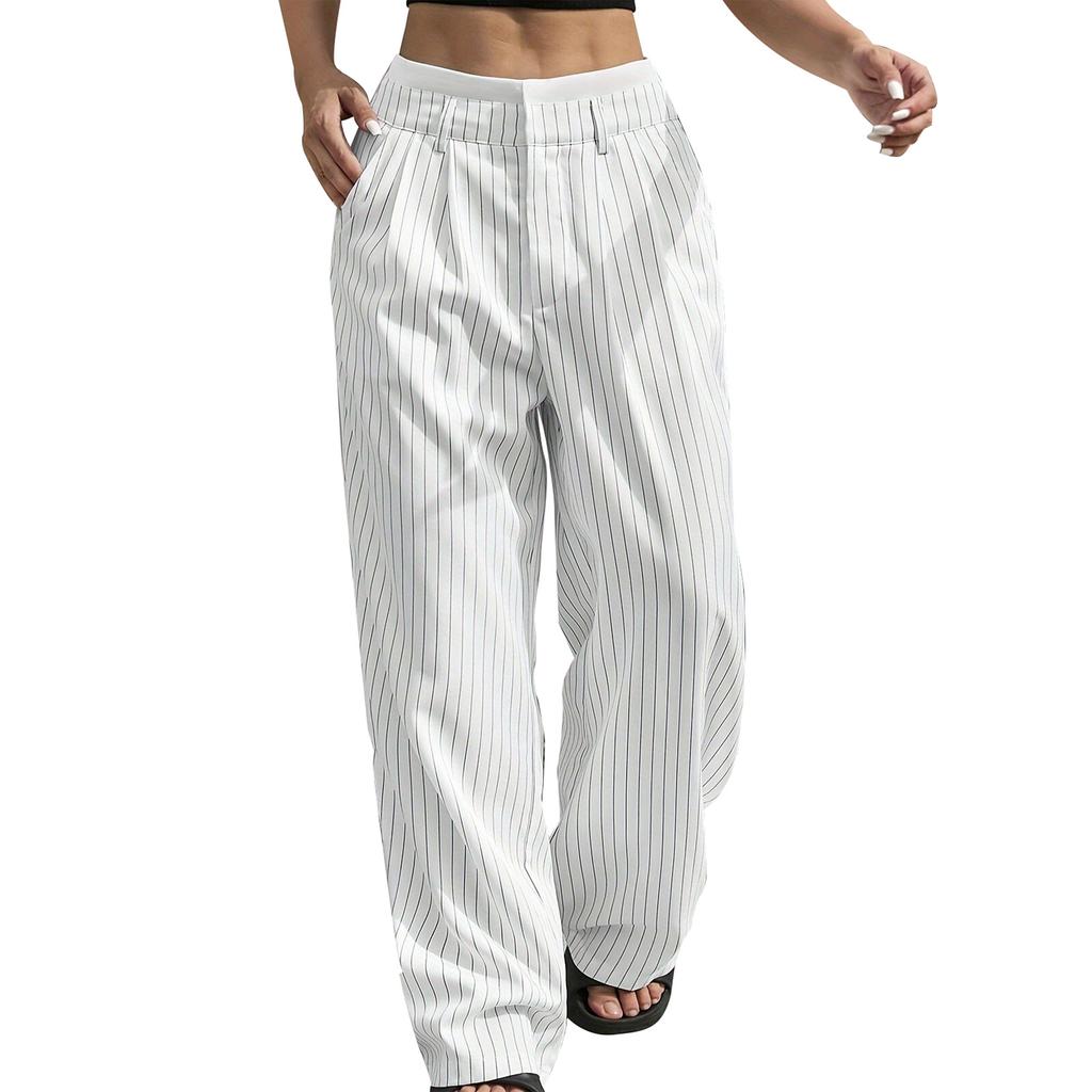 Pantaloni Casual da Donna a Vita Alta, Vestibilità Larga, Gamba Dritta, con Blocchi di Colore Fluido per l'Uso Quotidiano