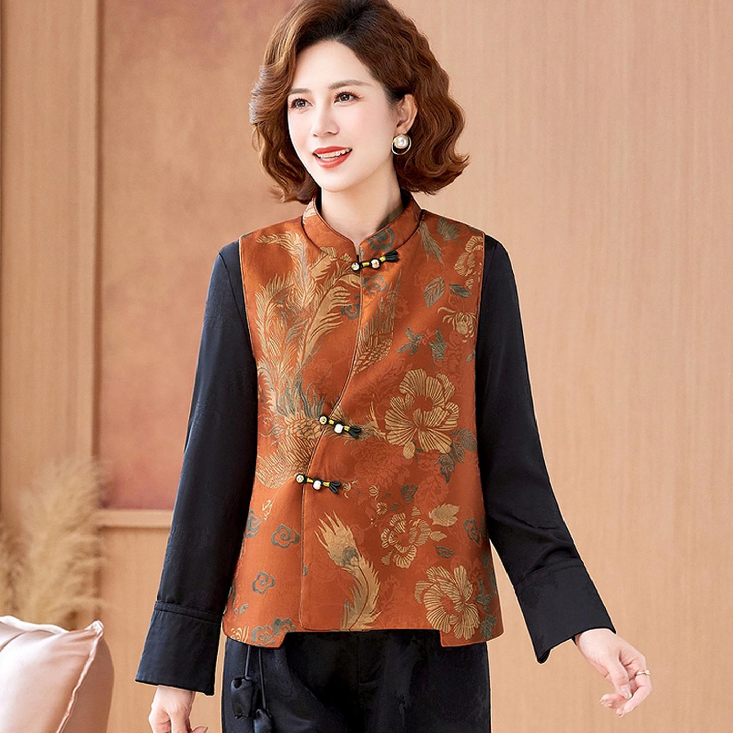 Elegant Gold Velvet Embroidered Vest Set for Middle-aged and Elderly Women XL (up to 105 jin)