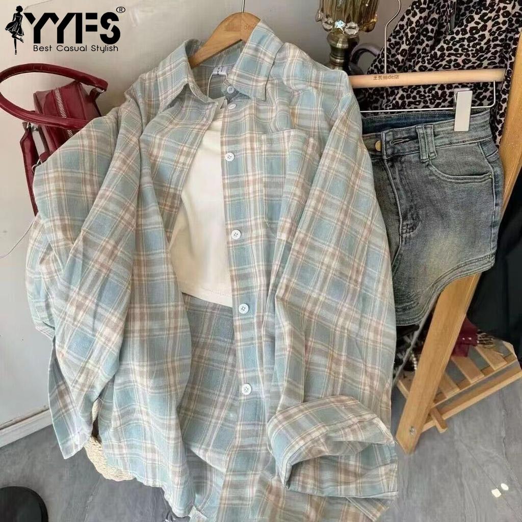 YYFS Women's Fashion Casual Plaid Print Spring Autumn Long Sleeve POLO Neck Blouses & Shirts