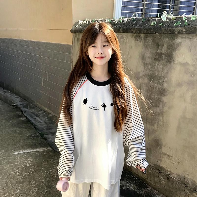 Girls' Cotton Striped Long-Sleeve T-Shirt, Sizes 6-12, Perfect for Spring/Autumn, Versatile Color Block, Round Neck