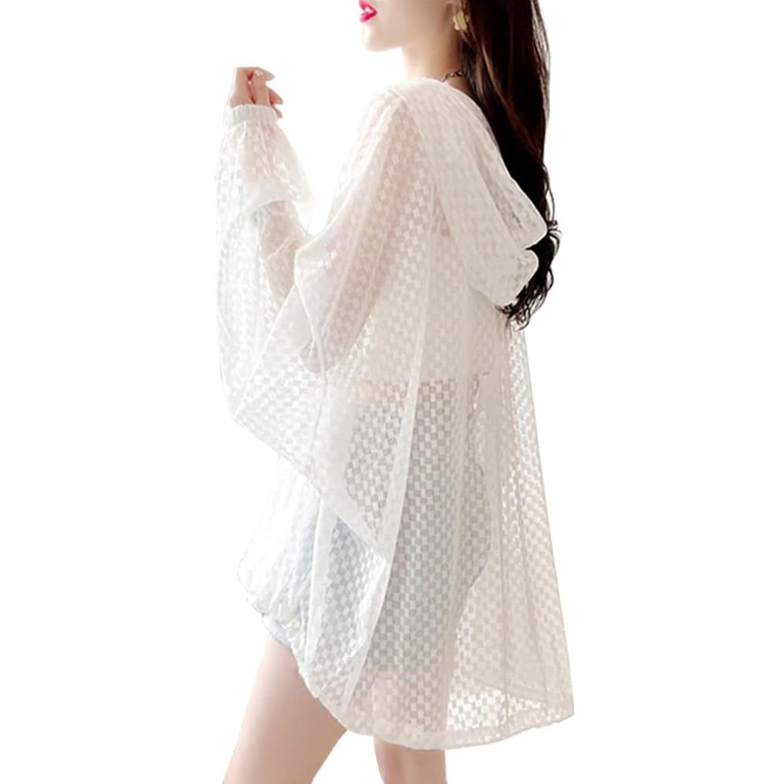 

Защита от УФ лучей Солнце Рукав длинный Летний Рашгард УФ Оверсайз Худи [POGCZMKK] Женский Кардиган, Защита, Рубашка, Топ, Верхняя одежда, Блузка, Защита, С капюшоном, белый