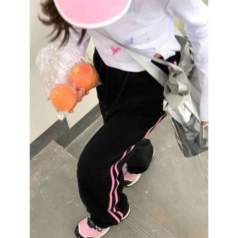 Pink Striped Sweatpants Women Preppy High Waist Loose Casual Trousers Korean Fashion Kpop Streetwear Wide Leg Pants
