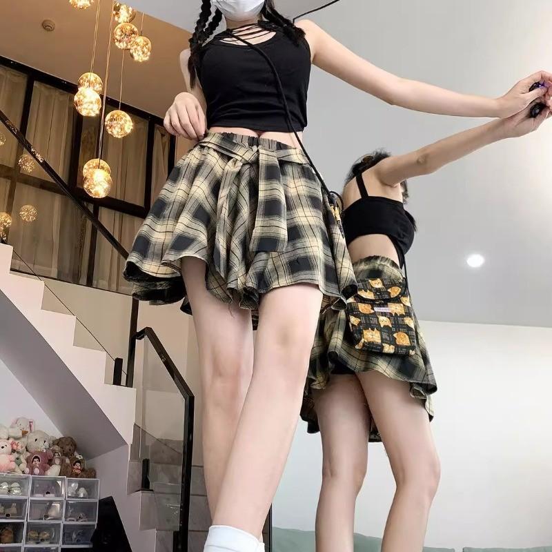 Streetwear Plaid Skirt for Women Spring Summer Vintage Hong Kong Style Irregular Skirt Pants All-match